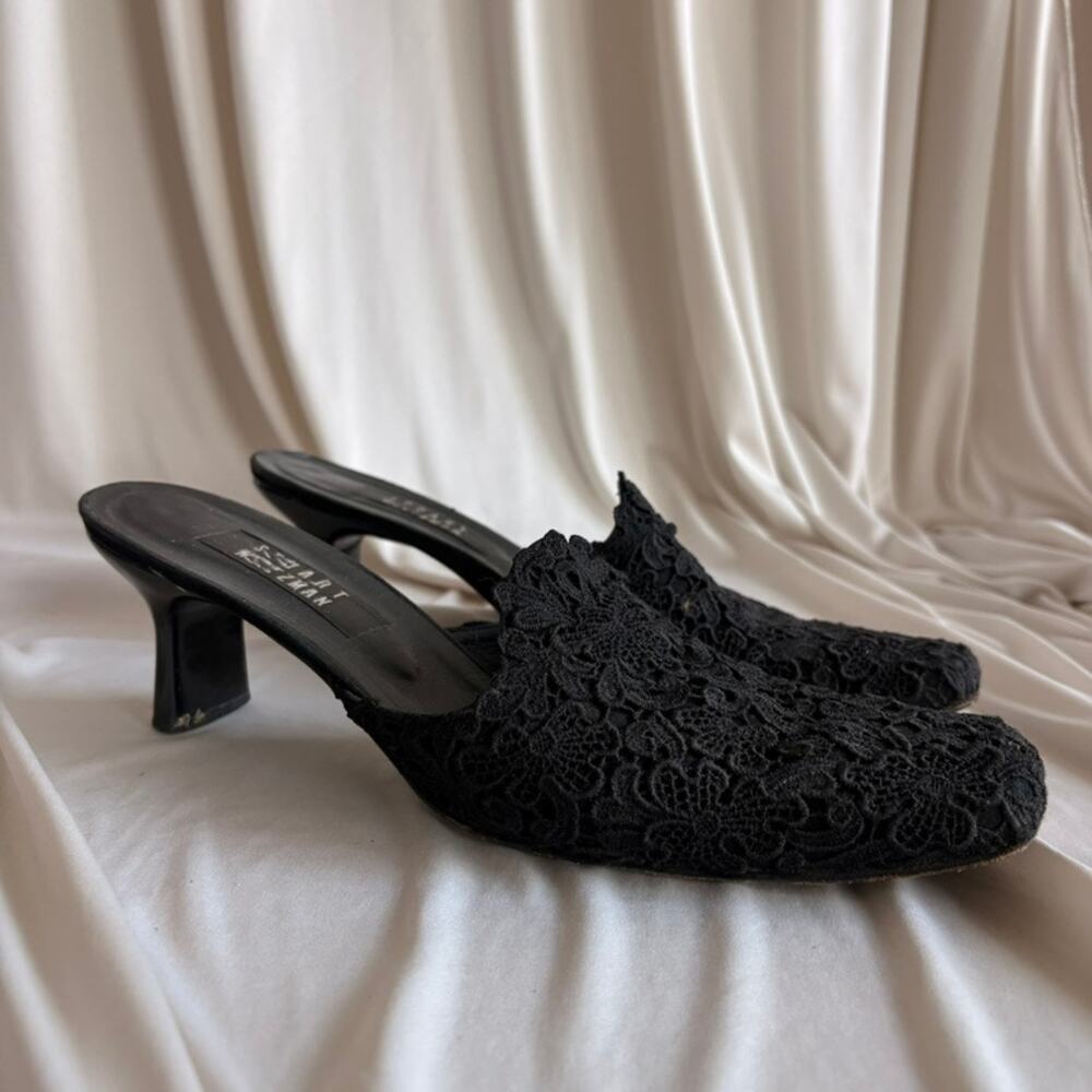 Stuart Weitzman Black Lace Mules - Square Toe, Kitten/Block Heel, Size 11